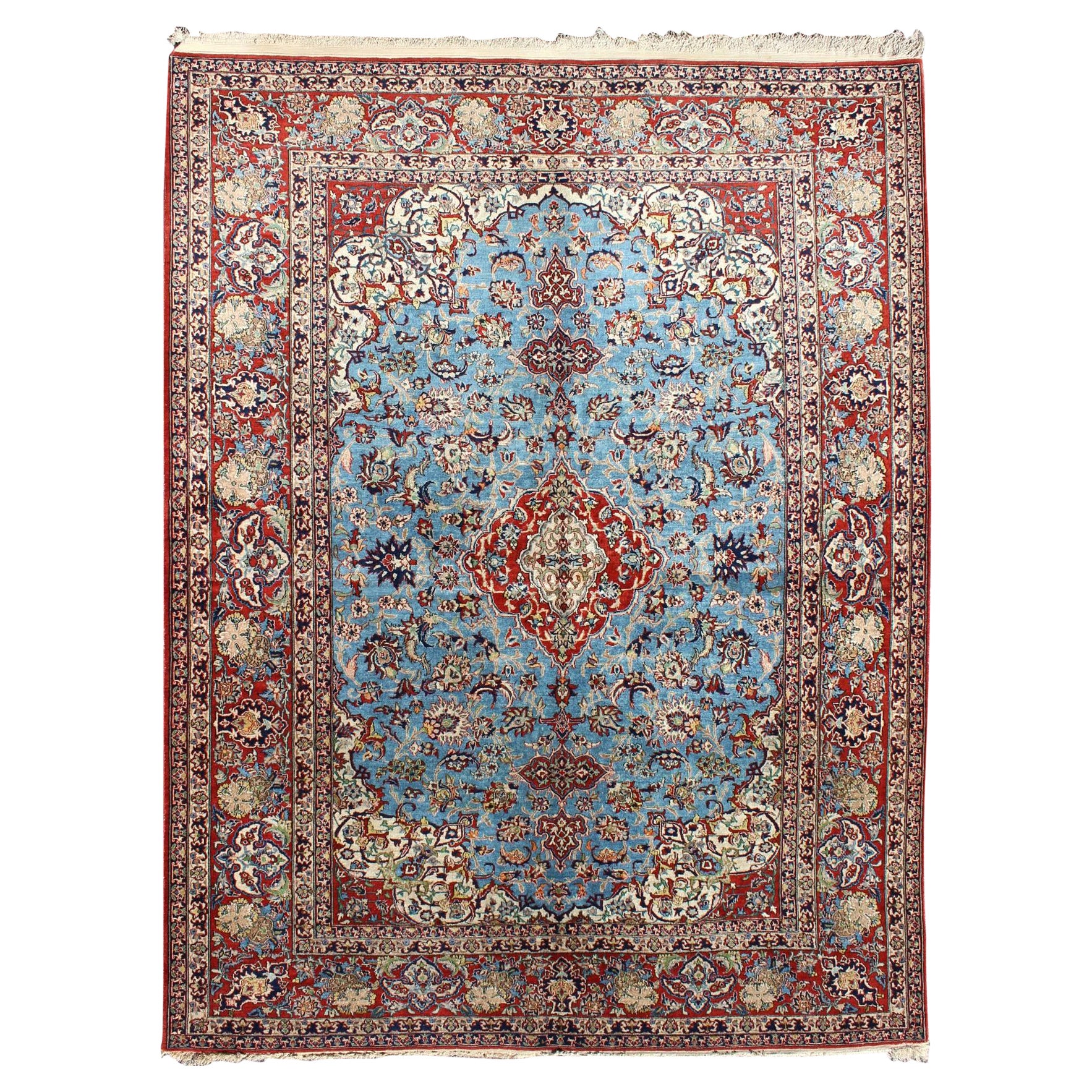 Très beau tapis persan d'Ispahan avec des fleurs complexes en bleu et rouge