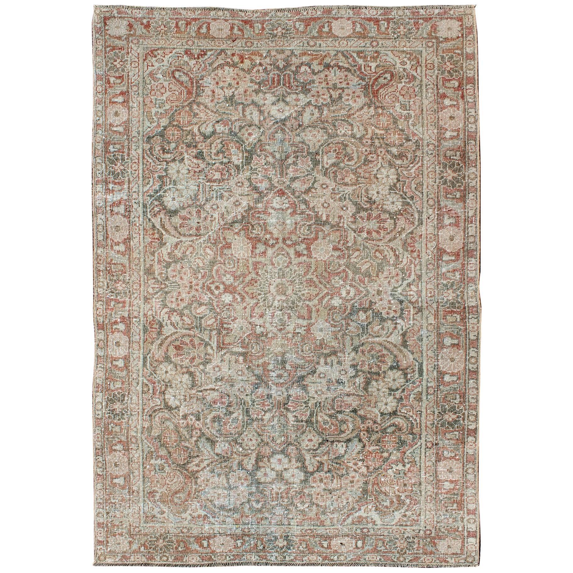 Antique Persian Mahal Carpet with Flowers and Palmettes in Faint Green