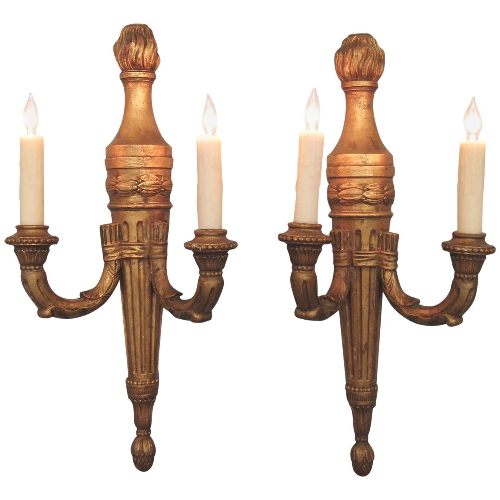 Pair of Early 20th Century Italian Neoclassical Giltwood Torchiere Sconces
