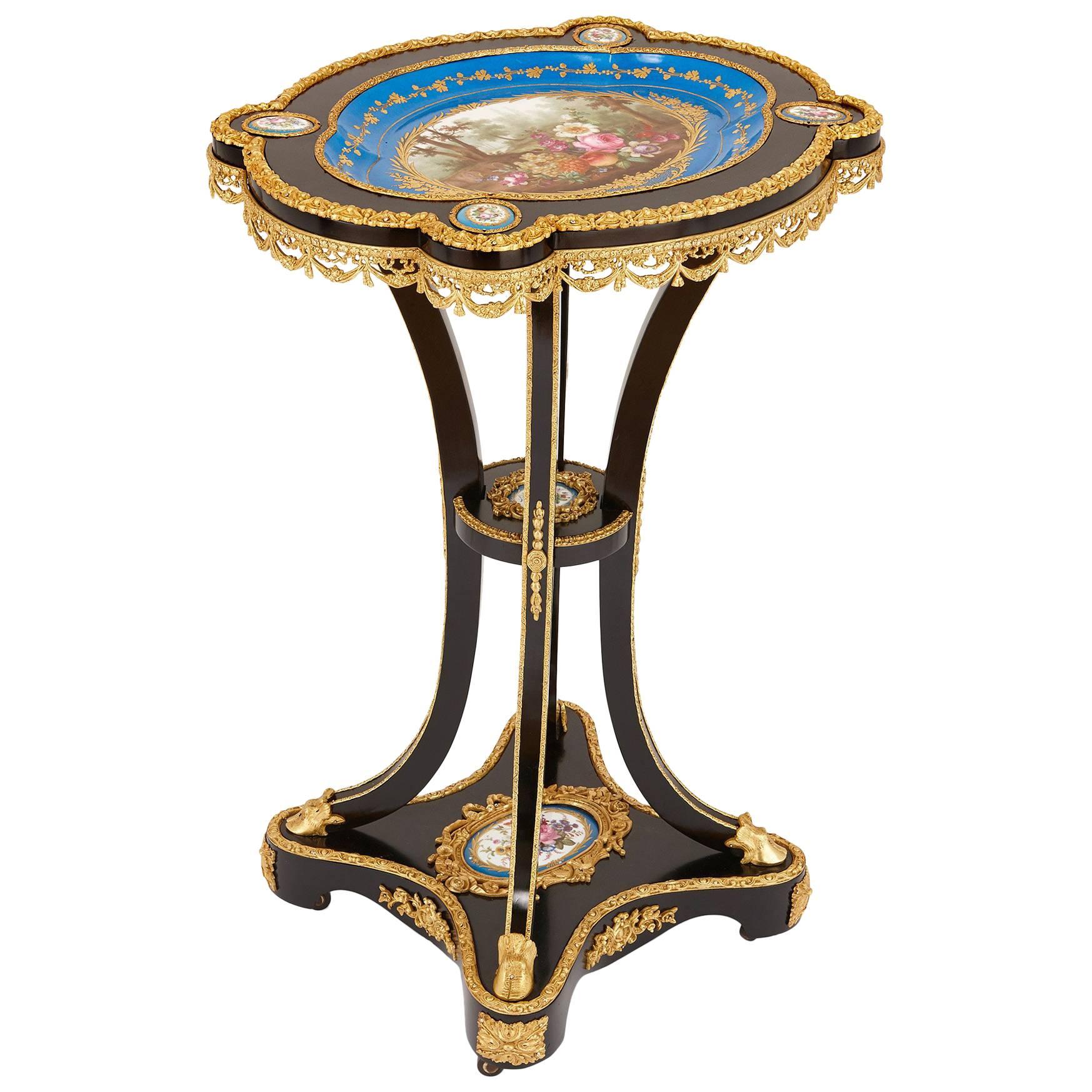 Ormolu-Mounted Sèvres Porcelain and Ebonized Wood Side Table For Sale