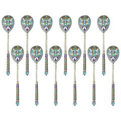 Antique Russian Solid Silver Gilt & 12 Cloisonne Enamel Spoons, circa 1890