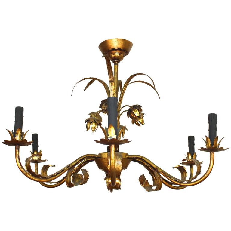 Tole Chandelier with Gilt Floral Detail and Faux Black Candles For Sale