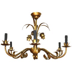 Tole Chandelier with Gilt Floral Detail and Faux Black Candles