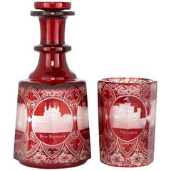Bohemian Ruby Etched and Cut Glass Decanter and Tumbler Set