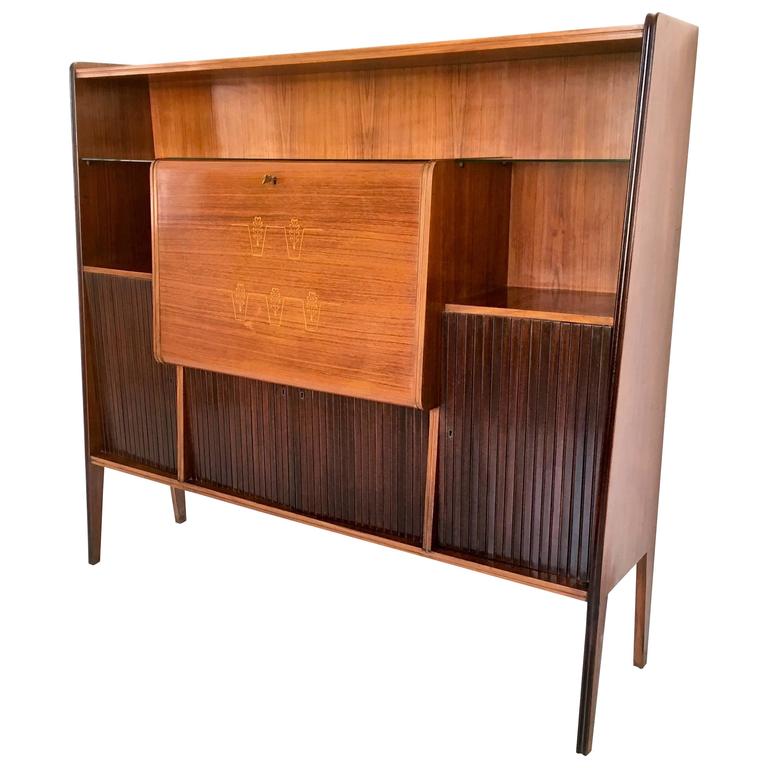 Majestic Wood Crystal And Mirror Bar Cabinet Italy 1950s