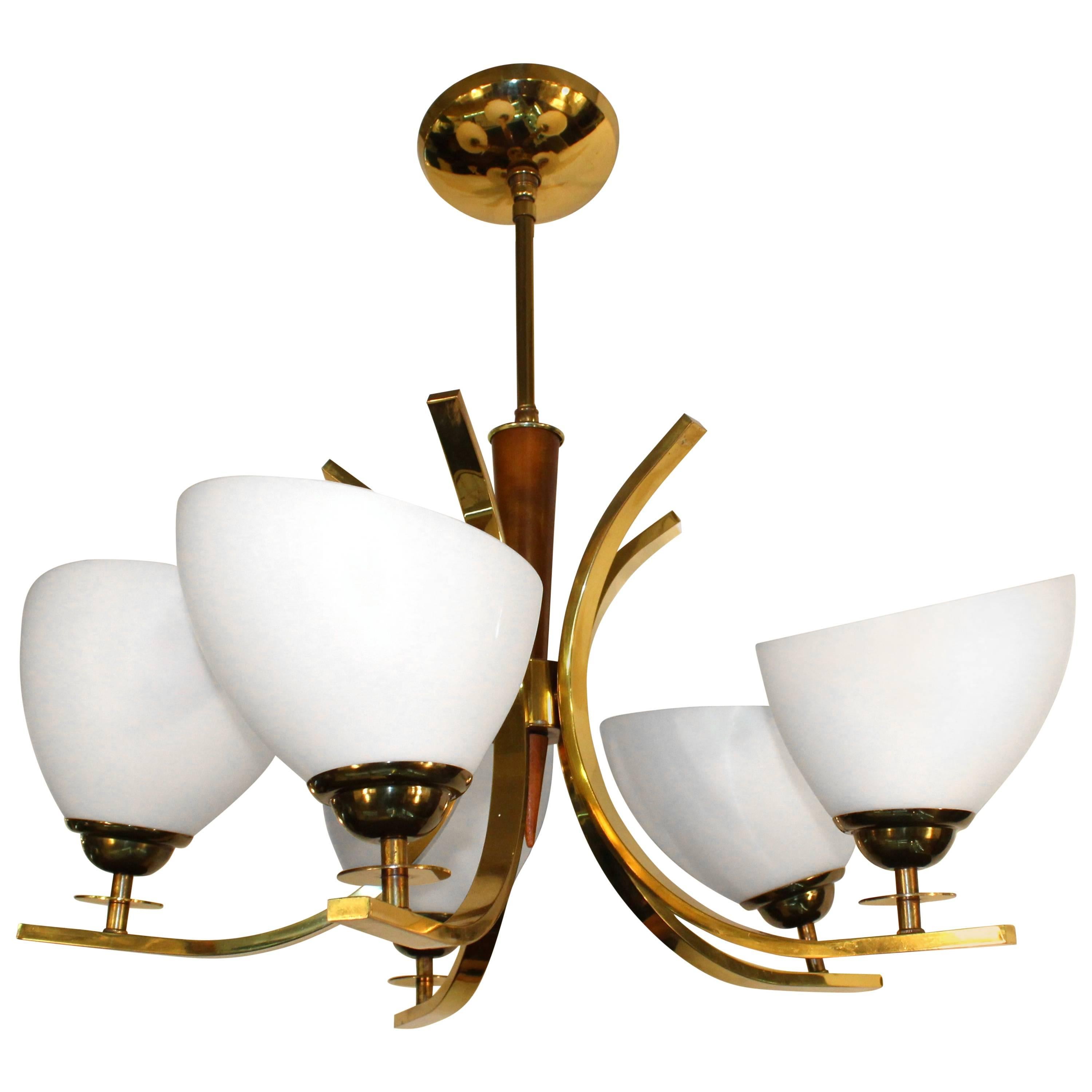 Modern Brass Five-Light Chandelier with Teak Details