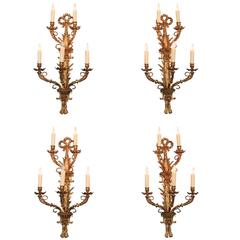 Tall 20th Century Italian Neoclassical Brass Wheat & Ribbon Sconces, 4 Available