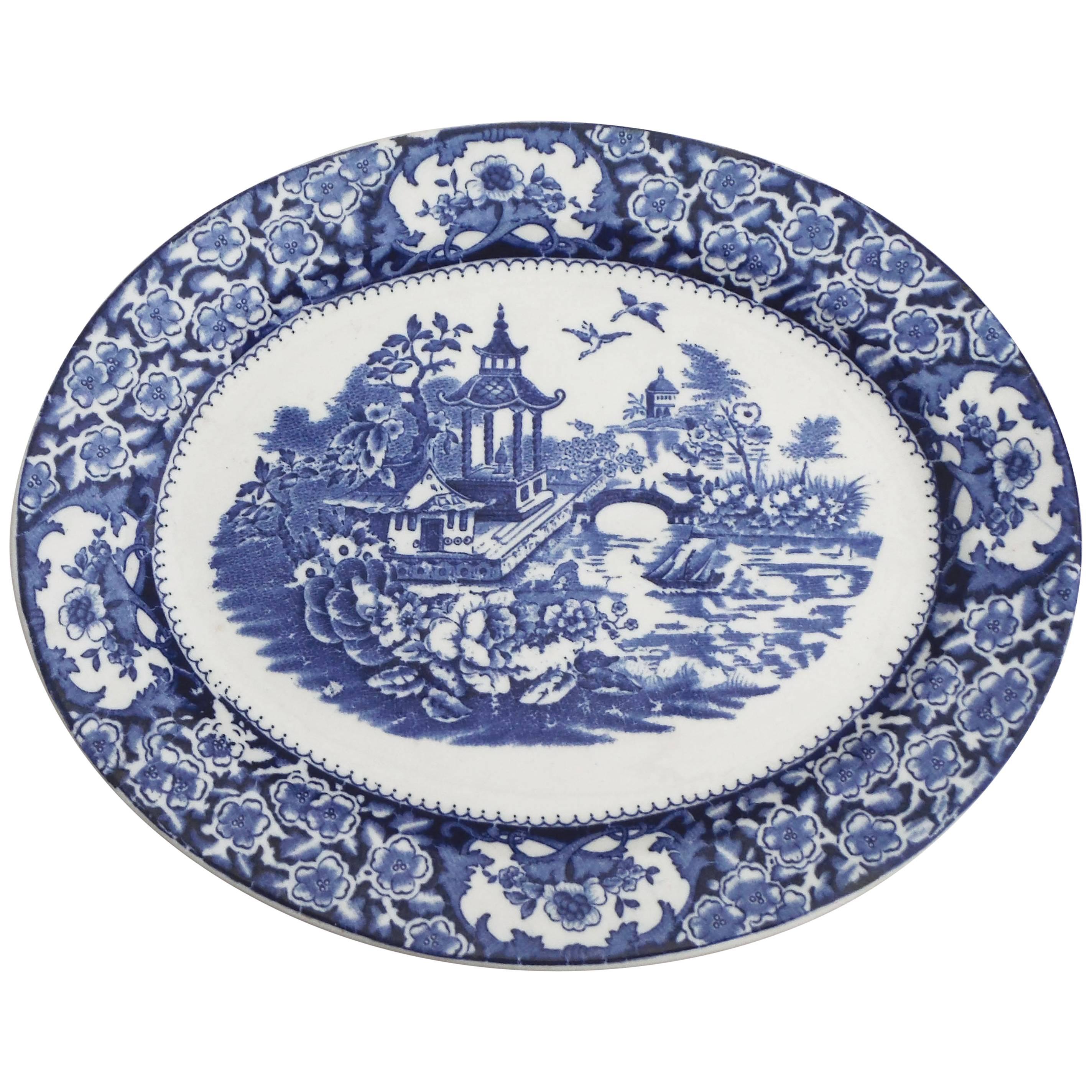 19th Century English Blue and White Chinoiserie Platter