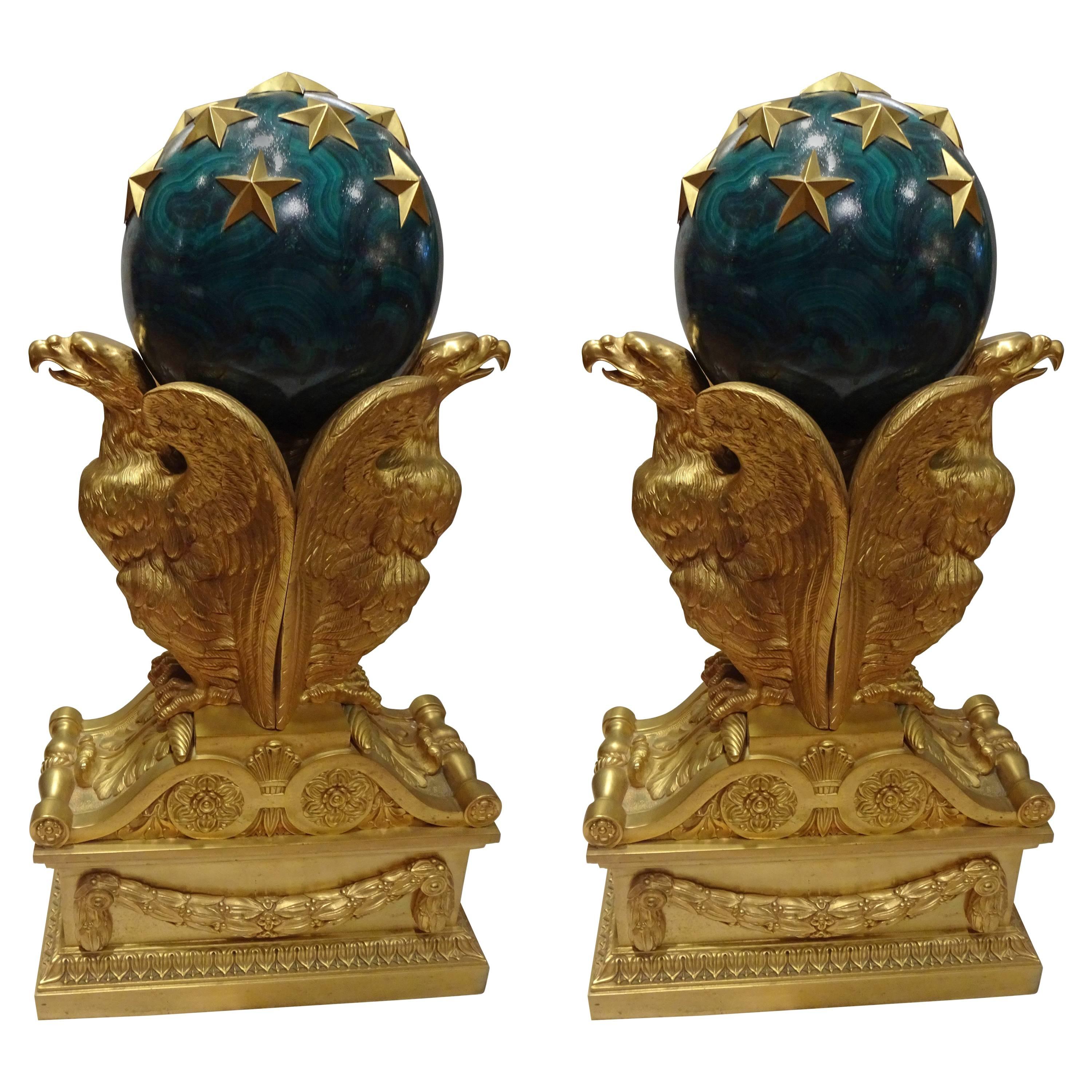 Oversized Chenets, Architectural Elements 19th Century, Gilt Bronze Eagles For Sale