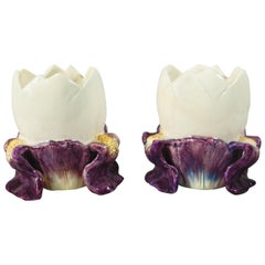 Pair of Majolica Eggs with Iris Vases Delphin Massier, circa 1890