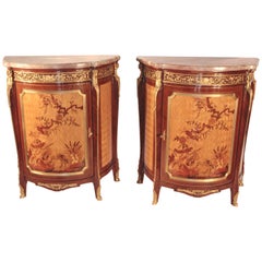 Pair of Inlay French Style Demilune Marble-Top Cabinets
