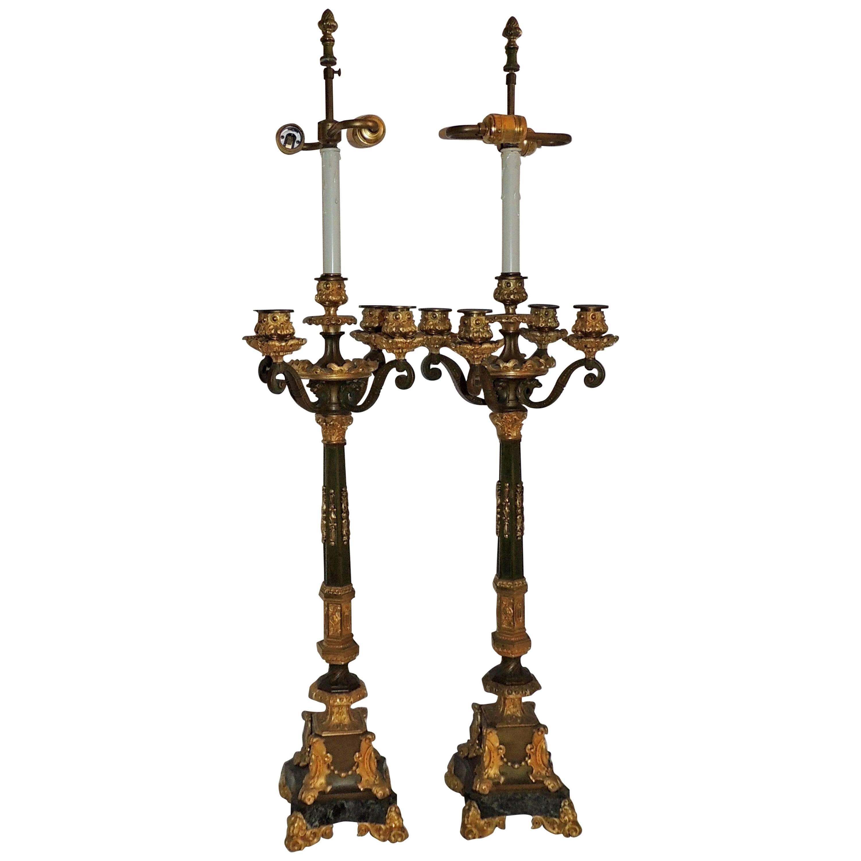 Wonderful Pair French Empire Gilt Ormolu Patinated 2 Light Fine Candelabra Lamps