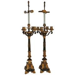 Wonderful Pair French Empire Gilt Ormolu Patinated 2 Light Fine Candelabra Lamps 6