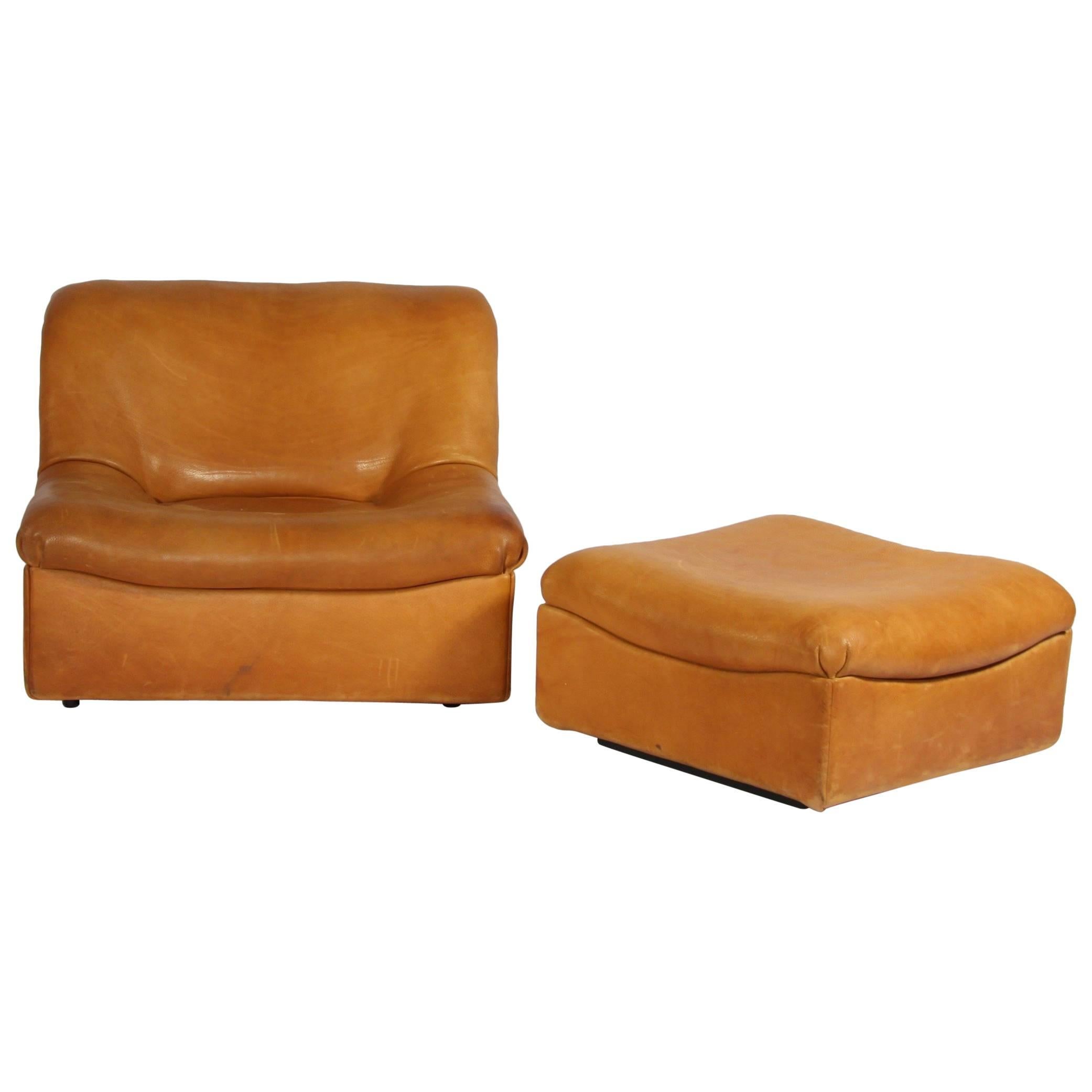 DS-46 Thick Buffalo Leather Lounge Chair and Pouf from De Sede, 1970s