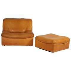 DS-46 Thick Buffalo Leather Lounge Chair and Pouf from De Sede, 1970s