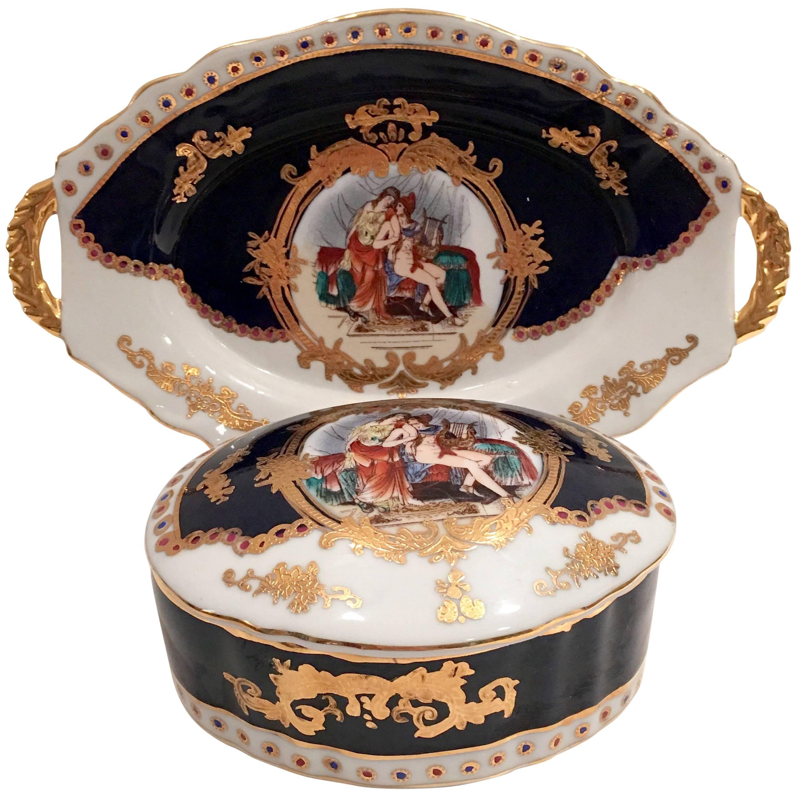 Porcelain French S�èvres Style Cobalt & 24-Karat Gold Box & Tray, Three Piece Set