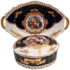 Porcelain French Sèvres Style Cobalt & 24-Karat Gold Box & Tray, Three Piece Set