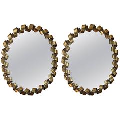 Chic Pair of Designer Gold Leaf Spiral Mirrors