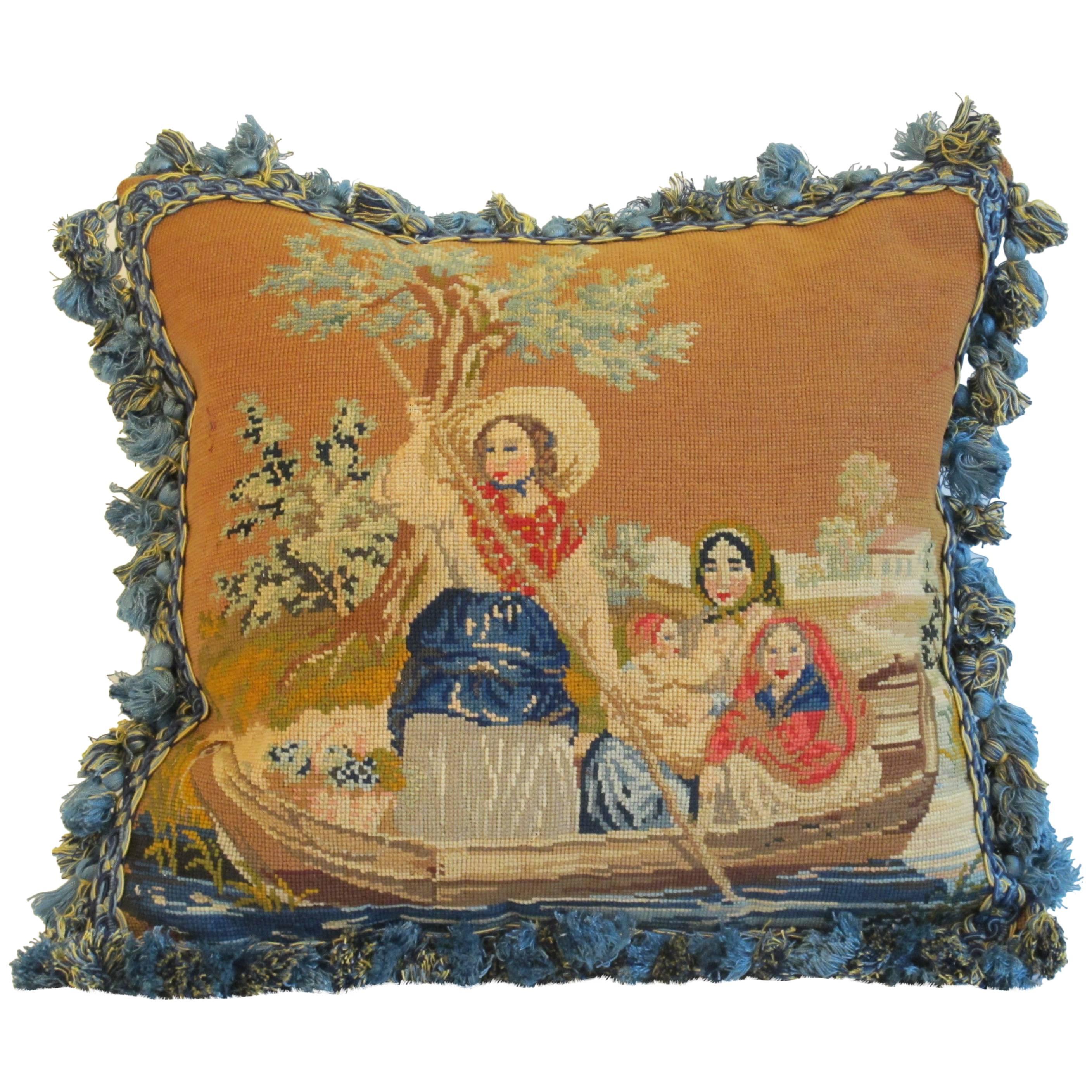 19th Century Figural Needlepoint Pillow by Mary Jane McCarty