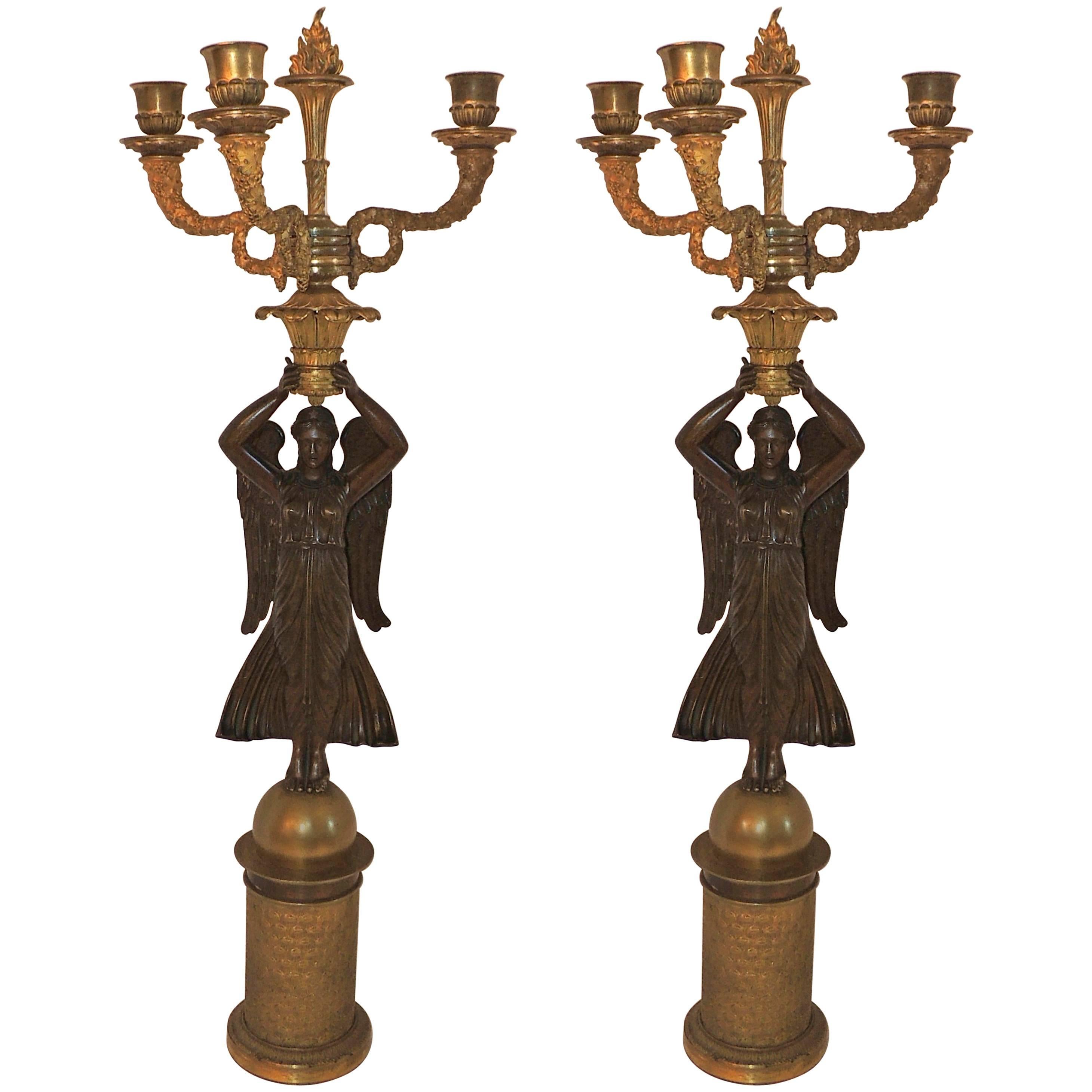 Wonderful Pair of French Empire Dore Bronze Ormolu-Mounted Figural Candelabras