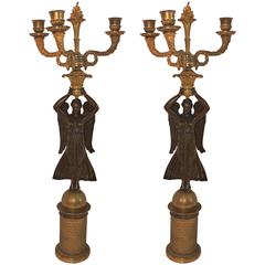 Wonderful Pair of French Empire Dore Bronze Ormolu-Mounted Figural Candelabras