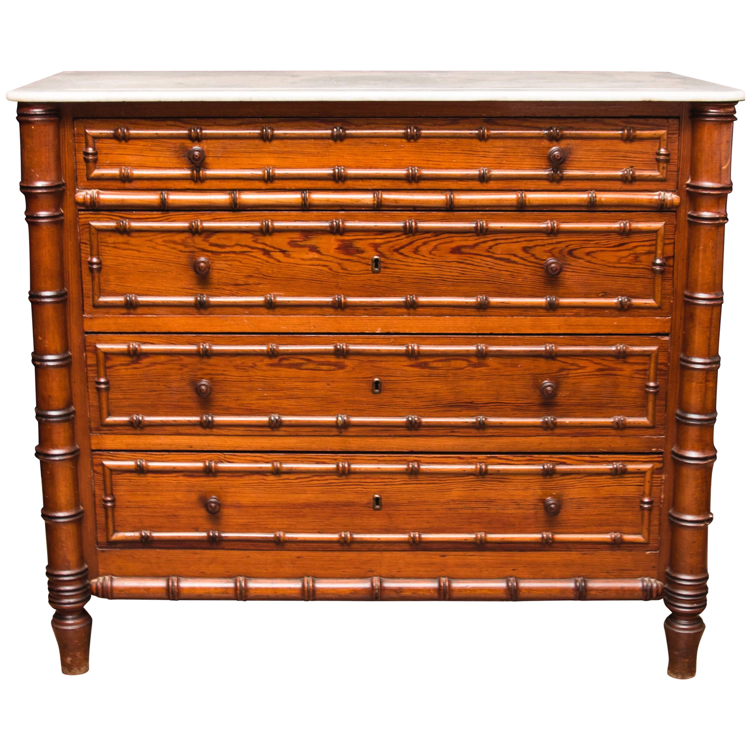 Antique French Regency Commode Chest Drawers Pine Faux Bamboo For Sale