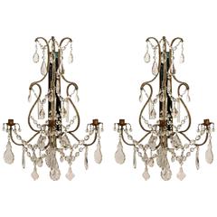 Pair of Hollywood Regency 1940s Mirrored Beaded and Crystal Sconces