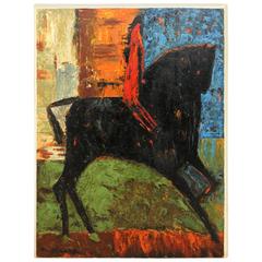 'The Black Stallion' Acrylic on Wood, Signed 'R. Sanke'