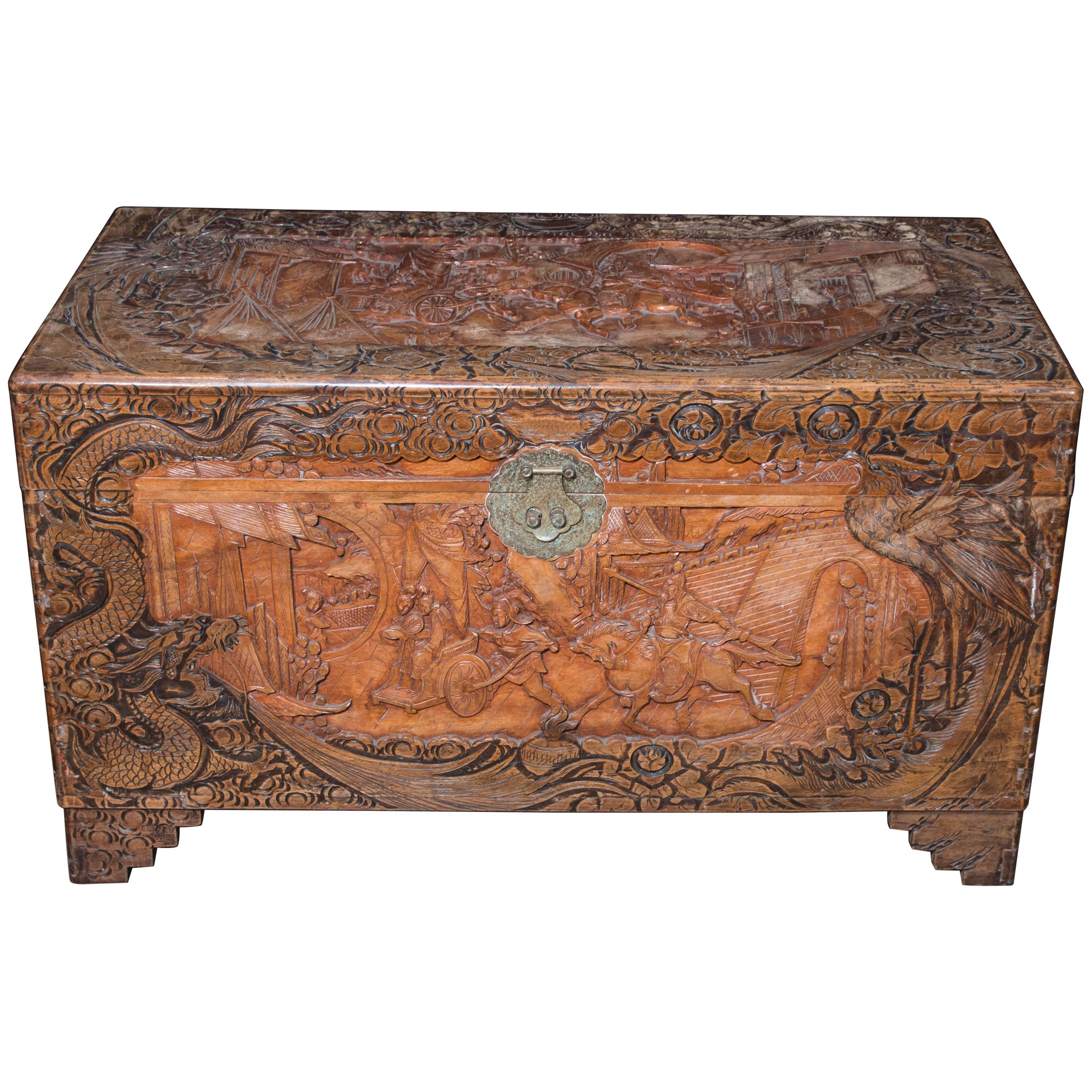 Antique Chinese Hand-Carved Camphor Chest Trunk For Sale