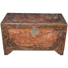 Used Chinese Hand-Carved Camphor Chest Trunk