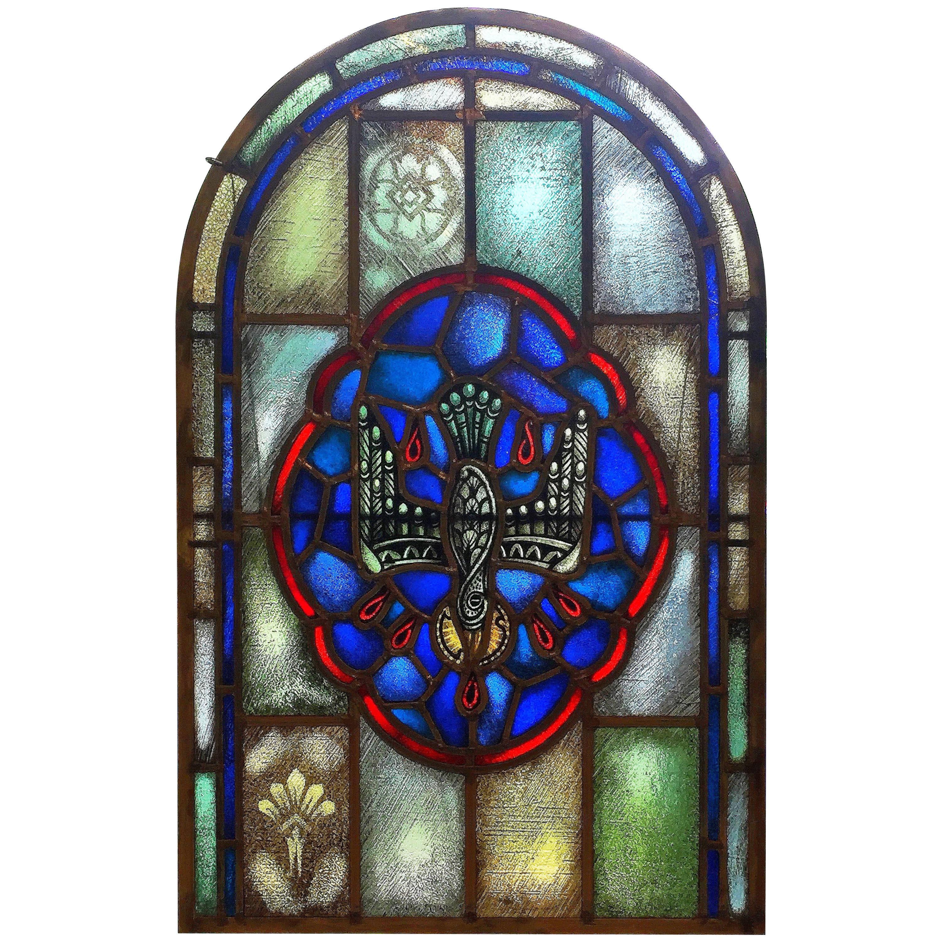 American Stained Glass Arched Window, Holy Spirit, Early 20th Century
