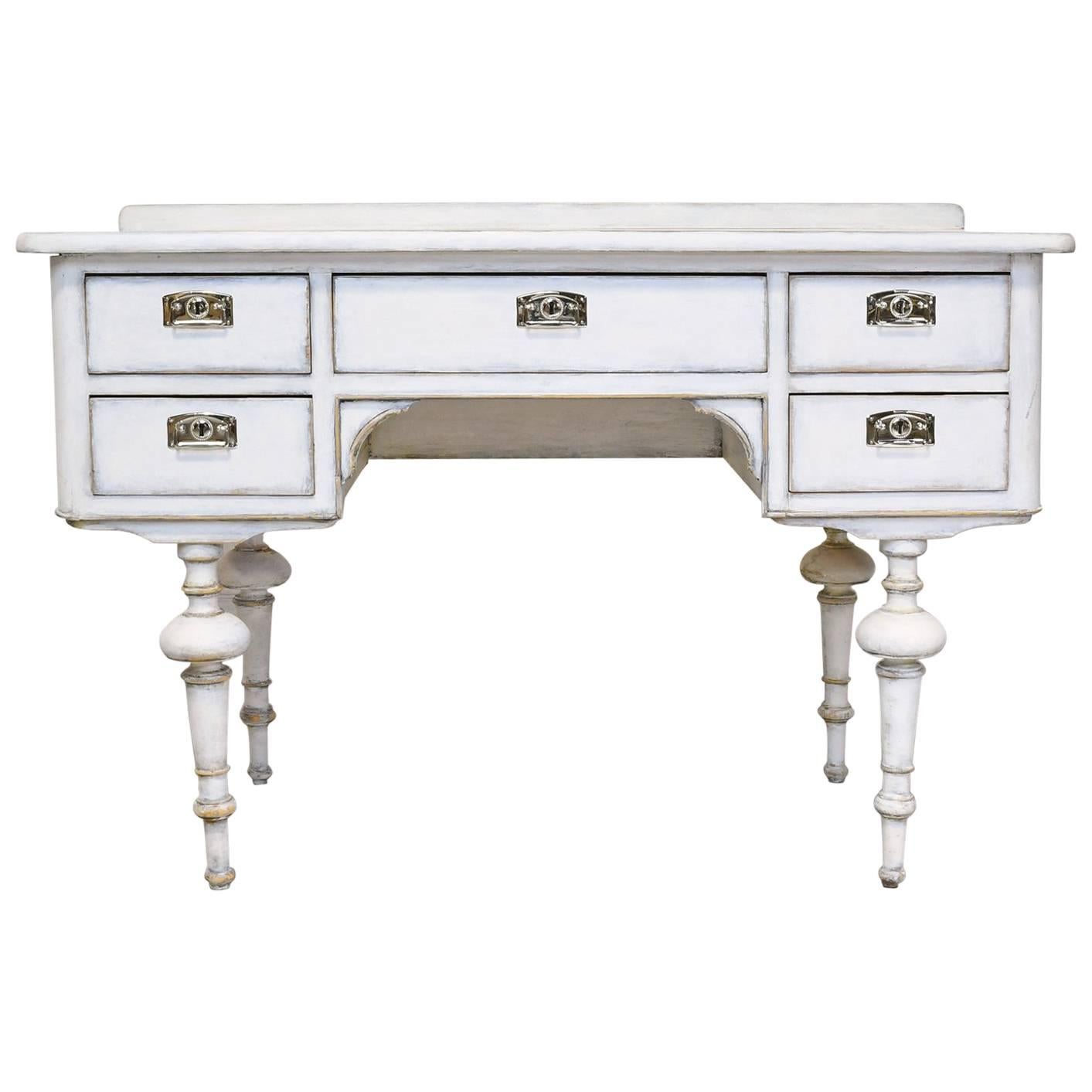 Antique Scandinavian Pine Desk with Five Drawers & White Painted Finish
