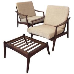 Danish Modern Finn Juhl Hans Wagner Style Walnut Lounge Chairs or Ott