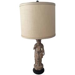 Hollywood Regency James Mont Style Carved Wood / Polychromed Asian Table Lamp