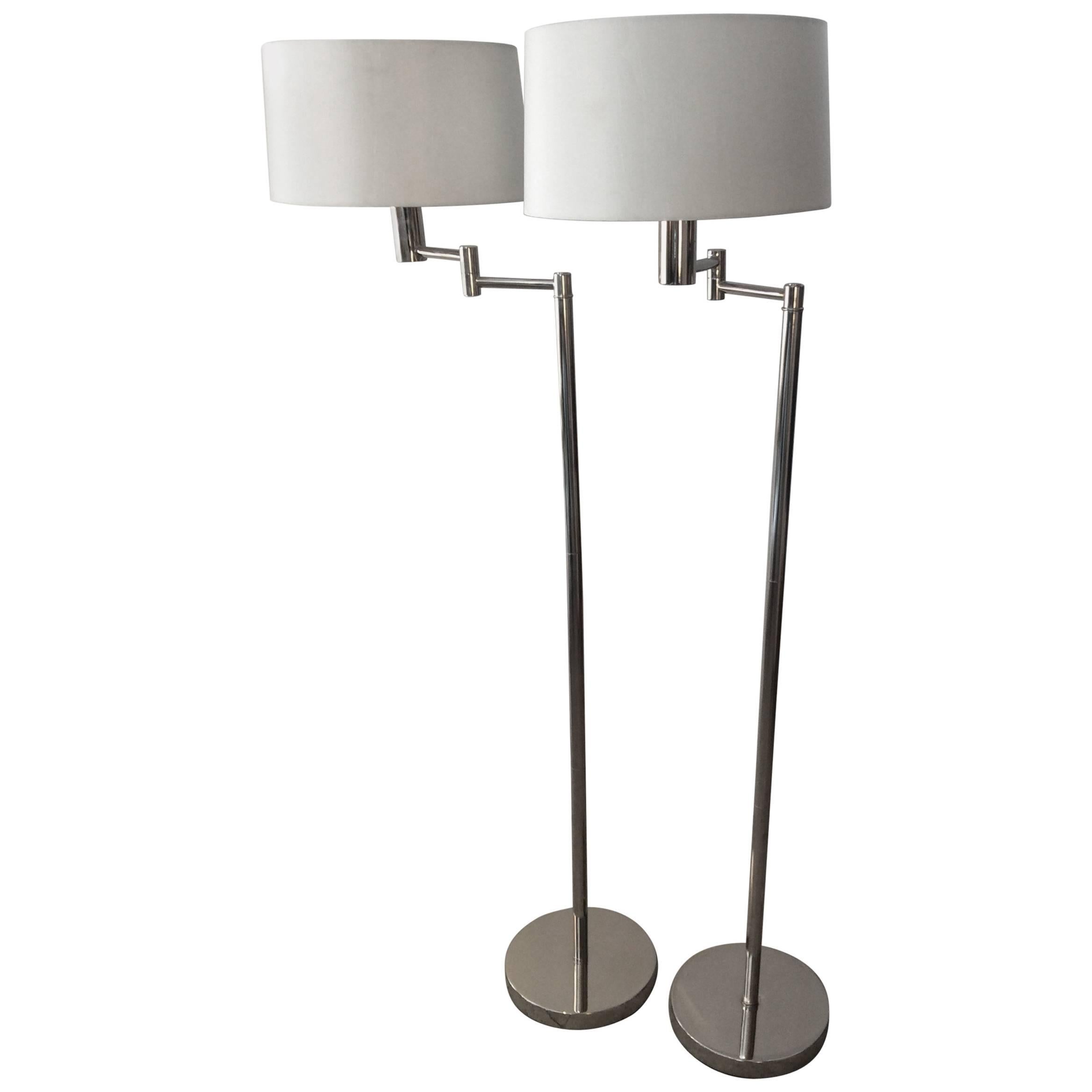 Pair of Mid-Century Modern Style Ralph Lauren Chrome Swing Arm Floor Lamps For Sale