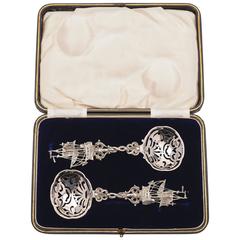 Antique 20th Century Dutch Pair of Cased Silver Serving Spoons