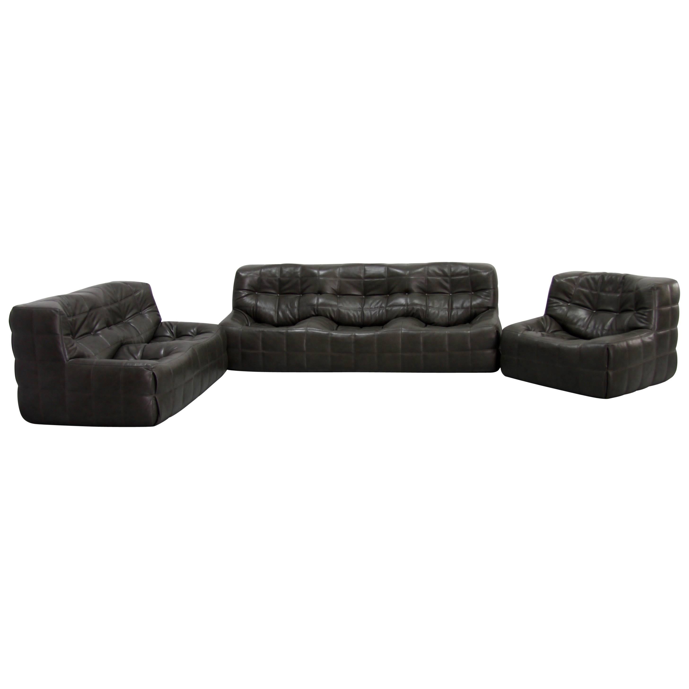 Set of Three "Kashima" Dark Olive Leather by Michel Ducaroy for Ligne Roset For Sale