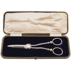 Antique Cased Pair of 20th Century Edwardian Silver Plated Grape Scissors
