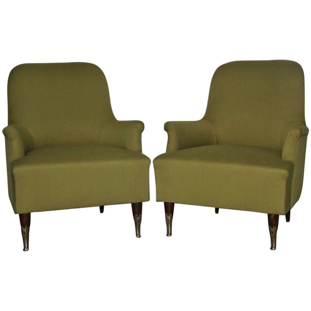 Pair of Armchairs Mid-Century Modern Italian Design, 1950s Green Brass Feet Wood For Sale