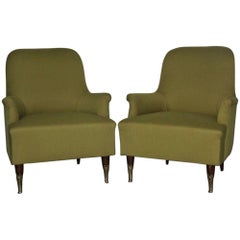 Pair of Armchairs Mid-Century Modern Italian Design, 1950s Green Brass Feet Wood Pair of Armchairs Mid-Century Modern Italian Design, 1950s Green Brass Feet Wood