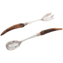 20th Century Edwardian Silver and Antler Handled Salad Servers