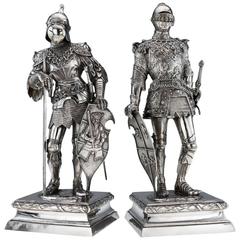 Antique German Solid Silver Pair of Massive Knight Figures, Hanau, circa 1900