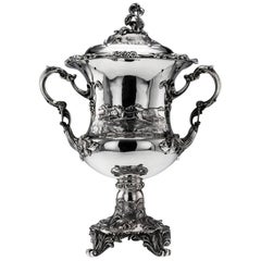 Antique Victorian Solid Silver Monumental Trophy Cup & Cover, Angell, circa 1848
