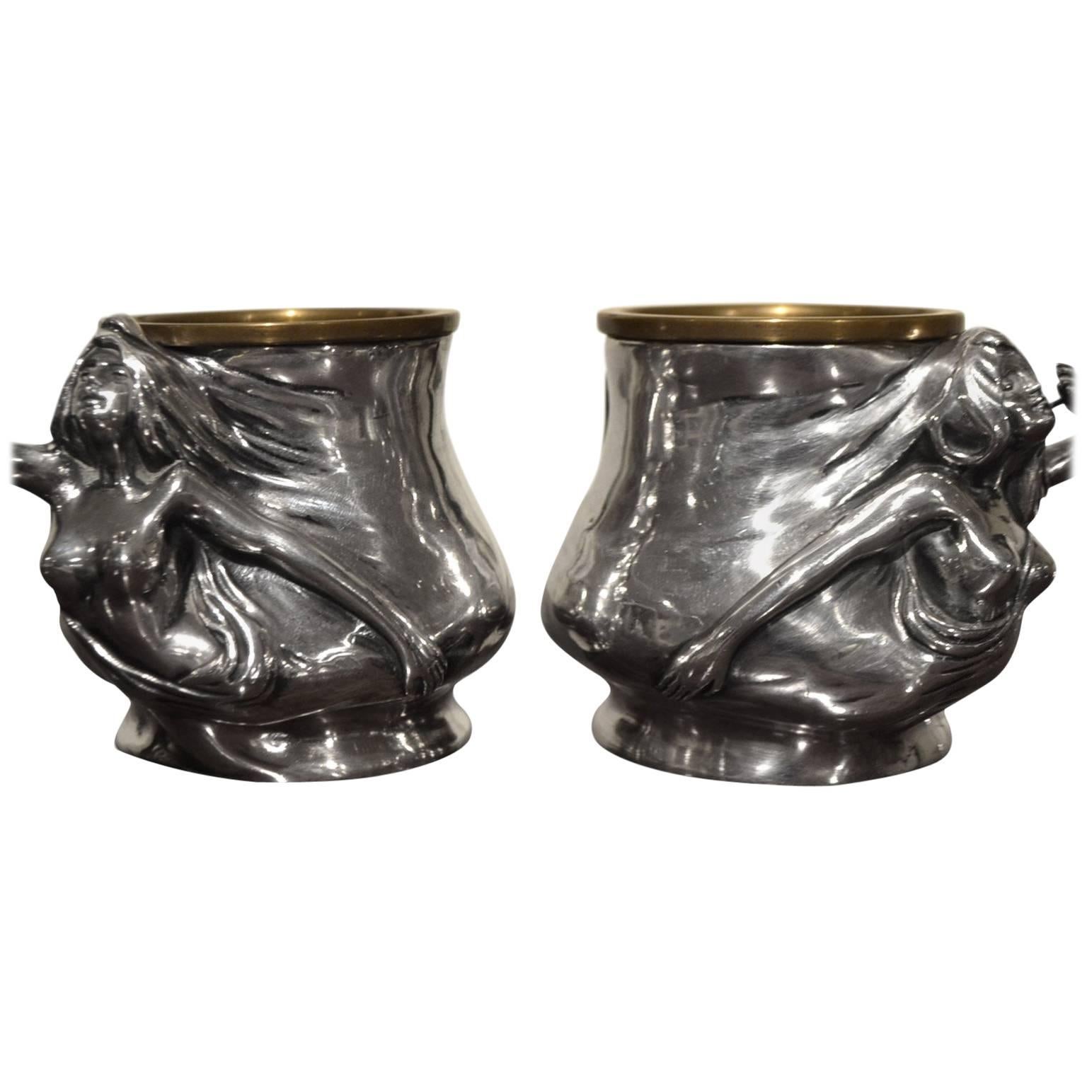 Pair of Pewter Pots Sculpted as Art Nouveau Female Figures For Sale