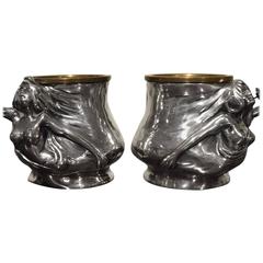 Antique Pair of Pewter Pots Sculpted as Art Nouveau Female Figures