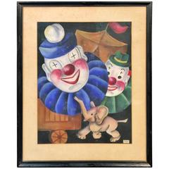 Charming Signed Mid-Century Clowns with Elephant Painting