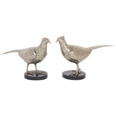Pair of Mid-Century Silvered Metal Pheasants