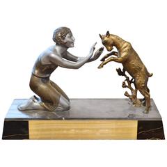 Retro French Art Deco Table Lamp of Girl Playing with Goat