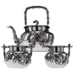 Vintage Chinese Export Solid Silver Three-Piece Dragon Tea Set, Ji Hua, circa 1910