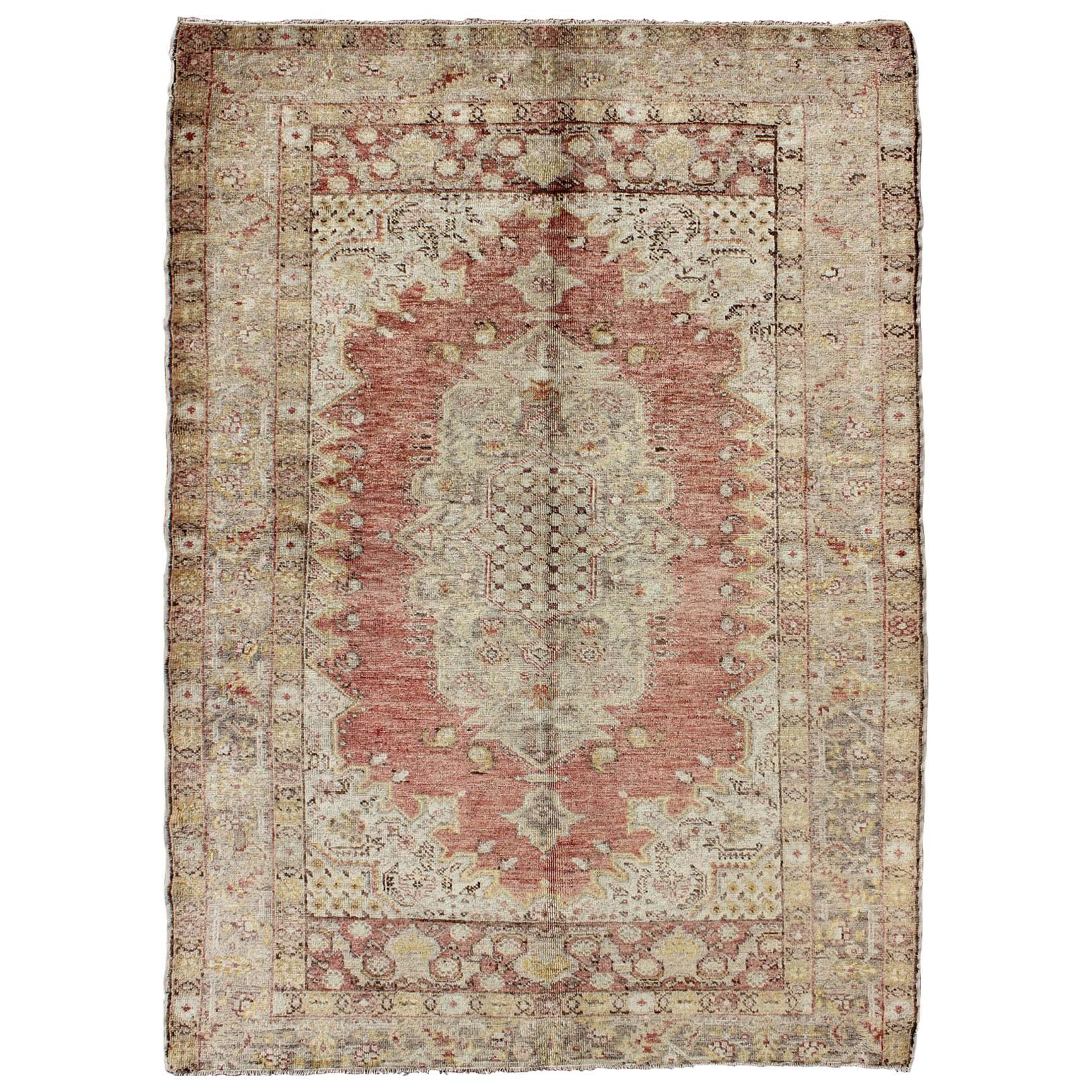 Antique Turkish Sevas Rug with Fine Weave in Cream, Sand and Red